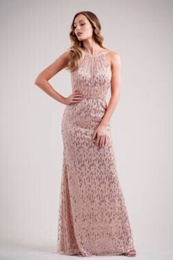 2704 NWT Jasmine L224009 Striped Sequin Halter Neck Fit-n-Flare Bridesmaid Dress
